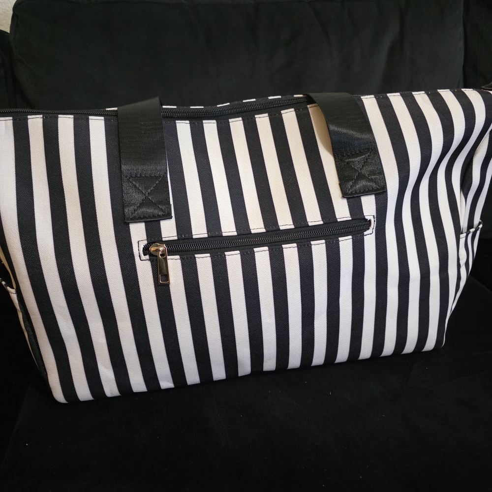 Alice + Olivia Black & White Striped Travel Gym Overnight Bag - Picture 3 of 7